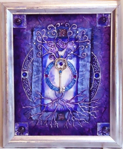 This is one of my "key tree" mixed media/magical talisman paintings. I work with the tree as a symbol of the World Tree and lifecycles, the Key for transformation and unlocking your potential.
