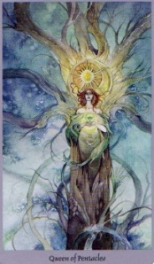 Queen of Pentacles from the Shadowscapes Tarot (the deck I use) illustrated by Stephanie Pui-Mun Law